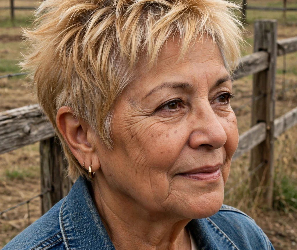 Golden blonde spiky pixie haircut for women over 50