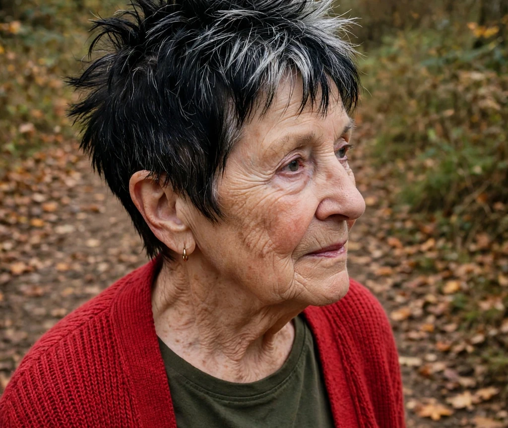 Jet black spiky pixie with silver streaks for women over 50