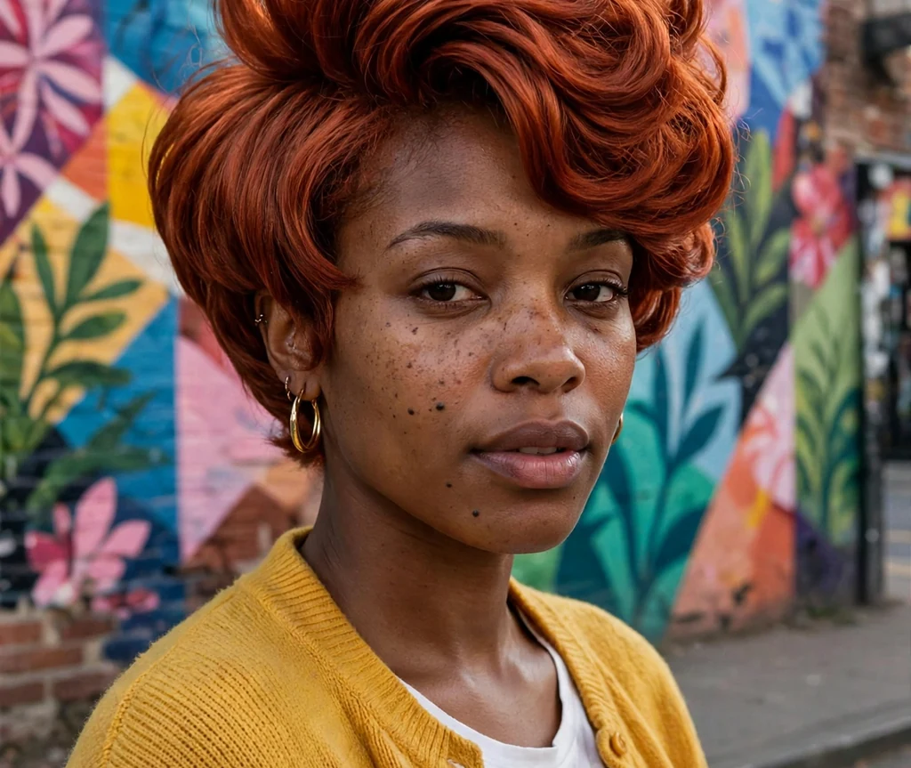 Woman with a dramatic high-stack short bob full of volume