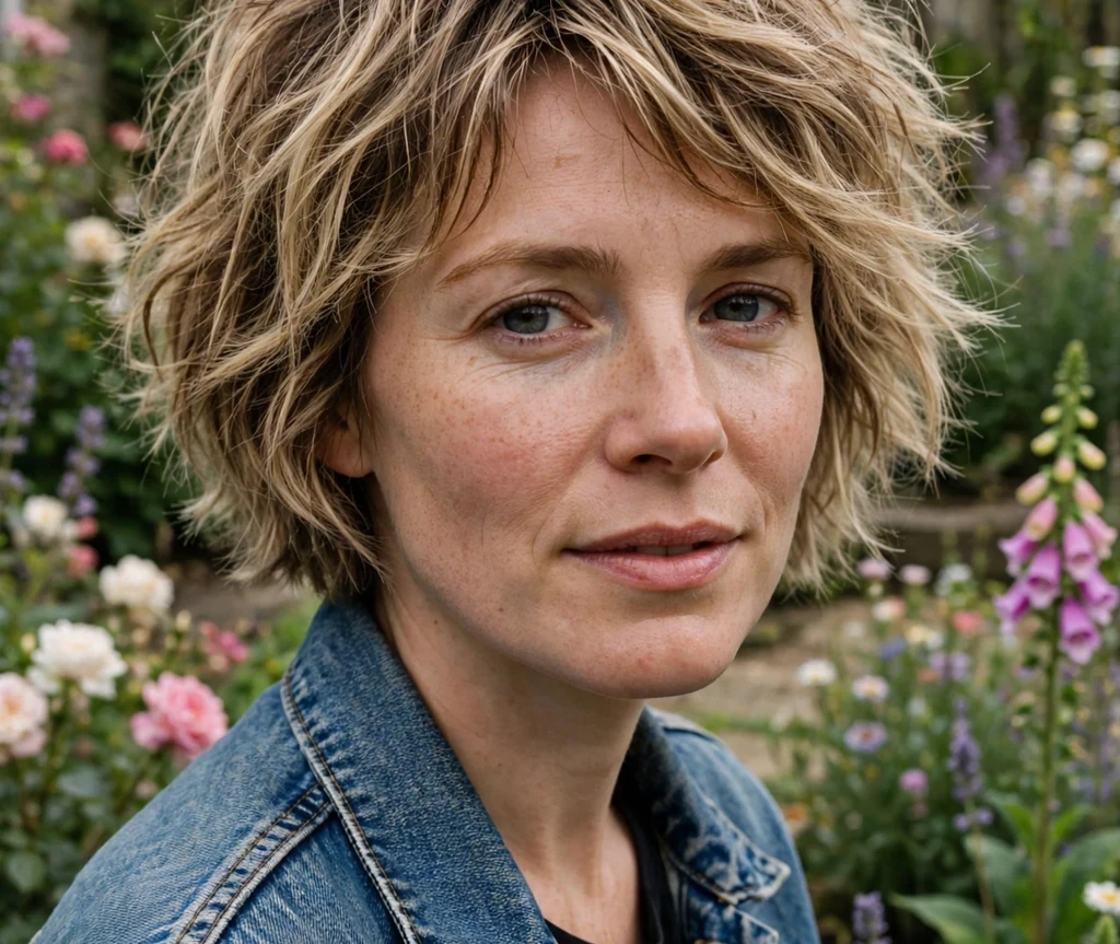 Woman with a textured messy short stacked bob