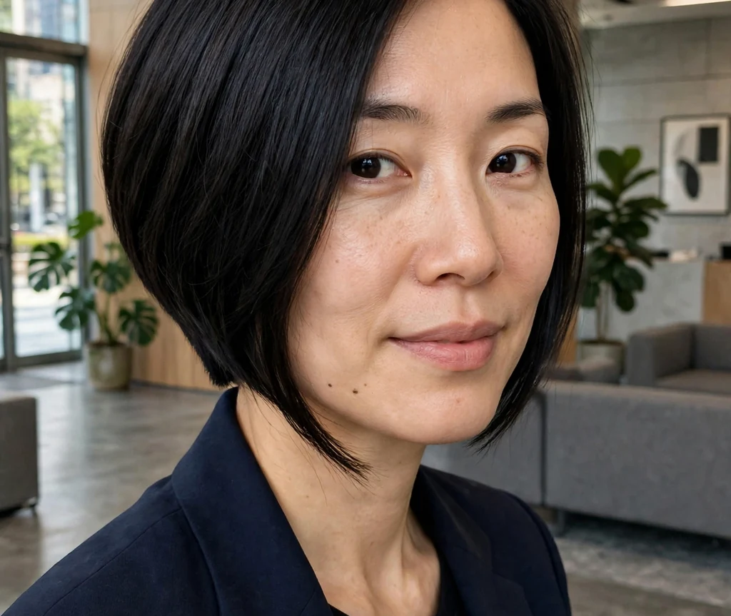 Woman with a sleek angled short stacked bob