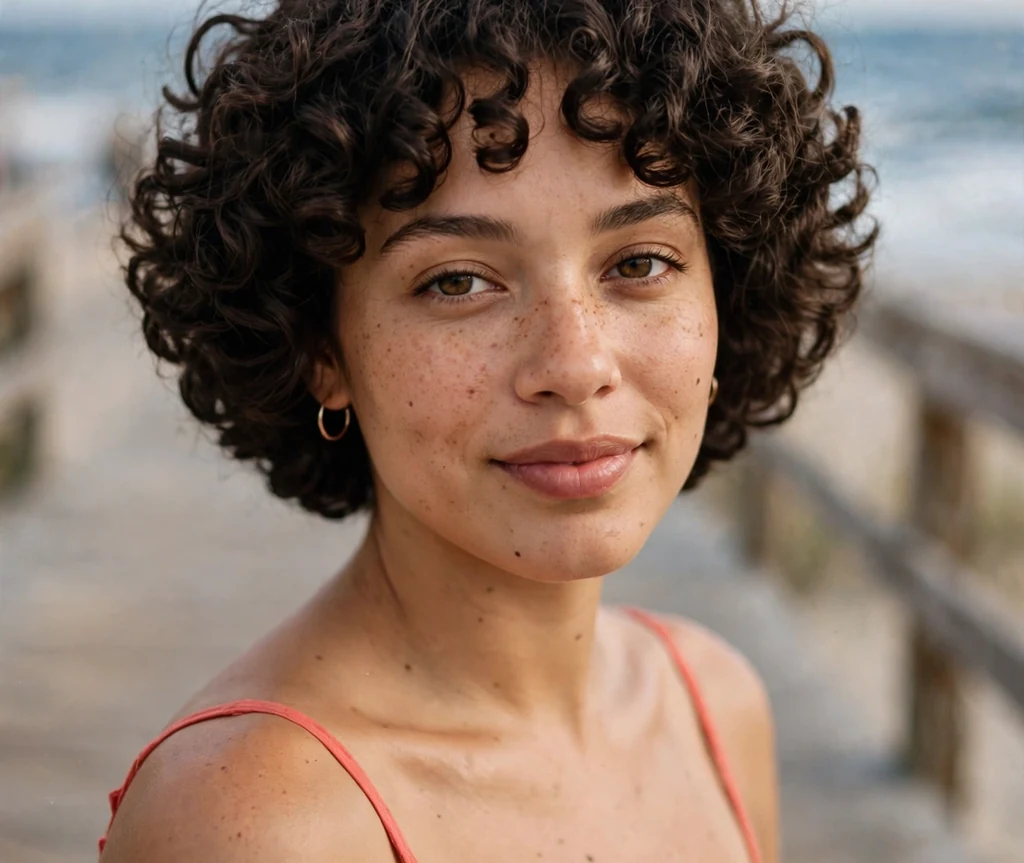 Woman with a curly short stacked bob full of bounce