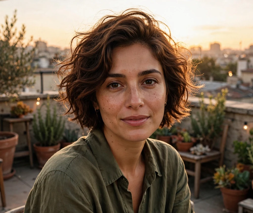 Woman with a wavy tousled short stacked bob