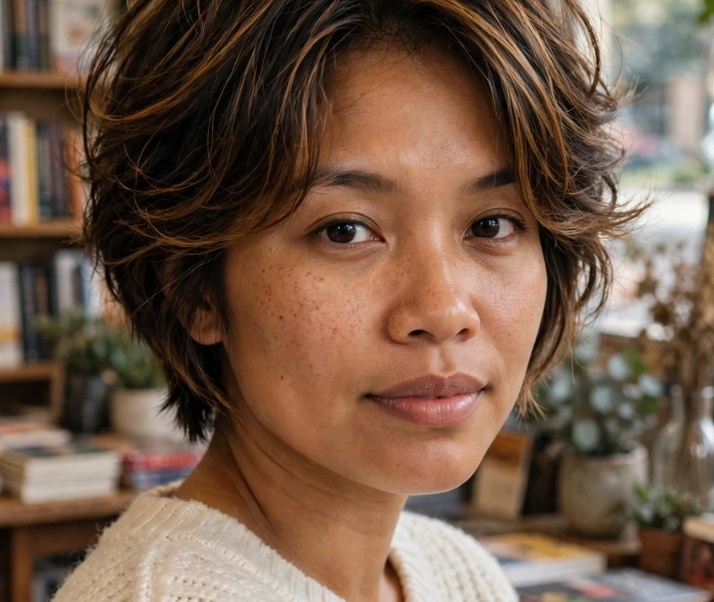 Woman with a layered piecey short stacked bob