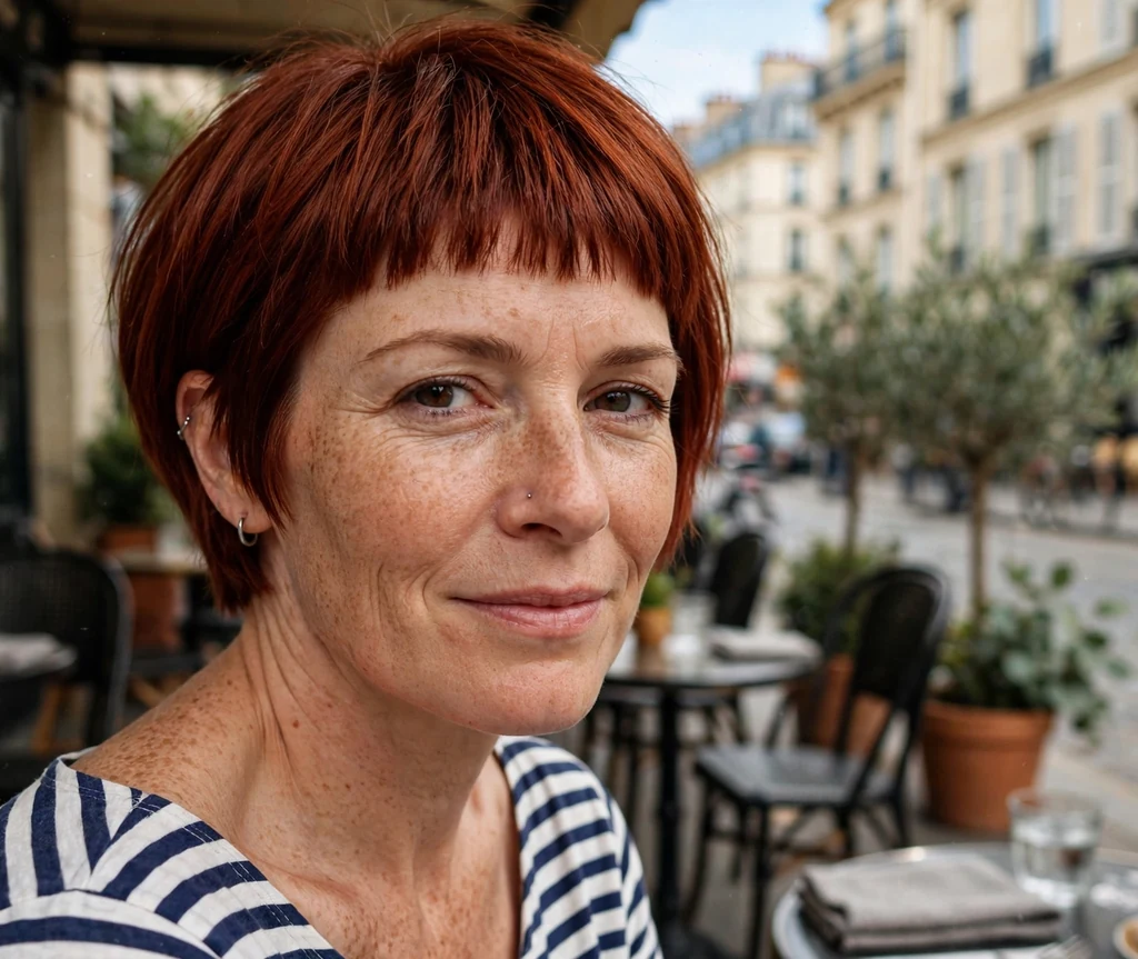 Woman with a short stacked bob and micro bangs