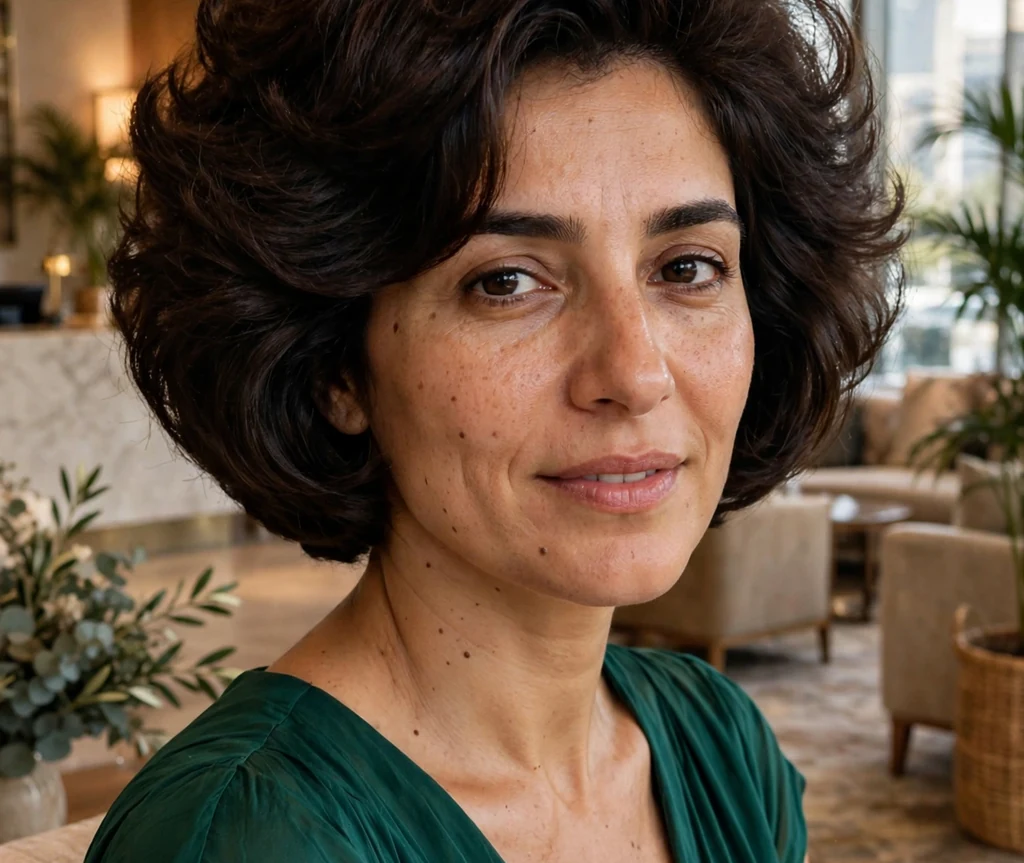 Woman with a rounded voluminous short stacked bob
