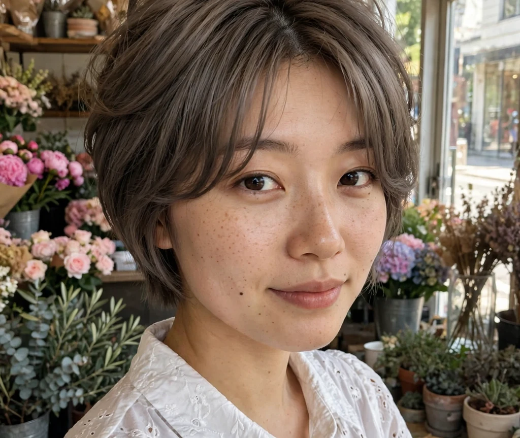 Woman with a short stacked bob and curtain bangs