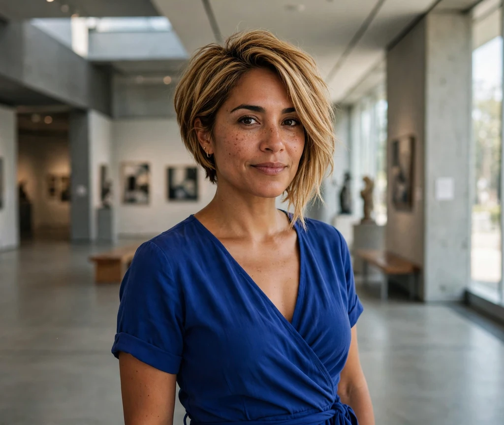 Woman with an asymmetrical short stacked bob