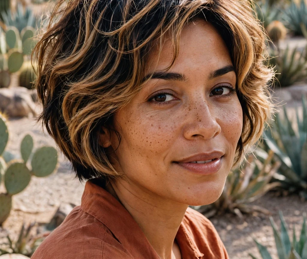 Woman with a balayage short stacked bob