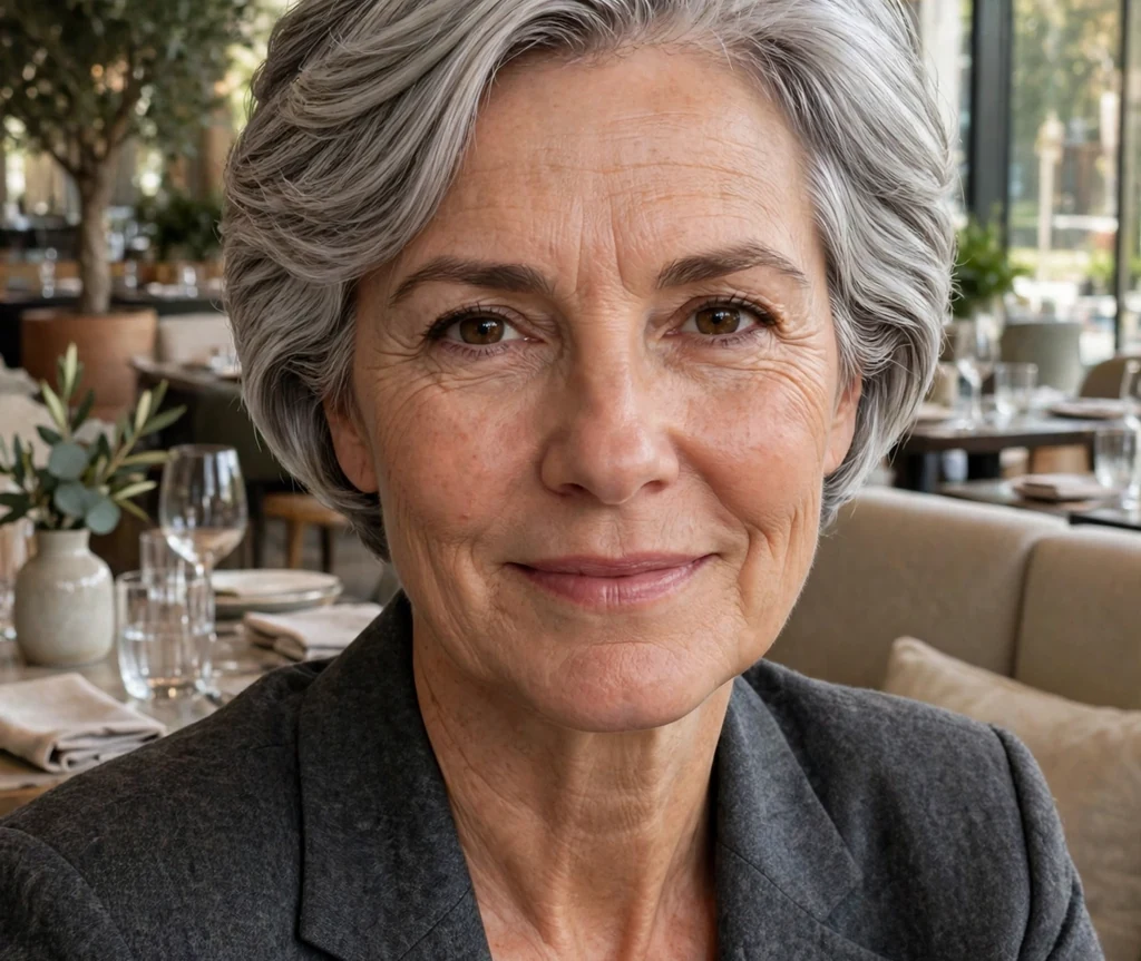 Woman with a silver fox short stacked bob