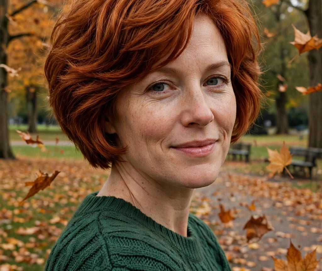 Woman with an auburn red short stacked bob