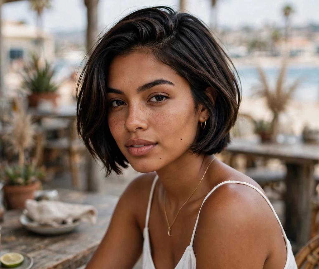 Woman with an espresso brown short stacked bob