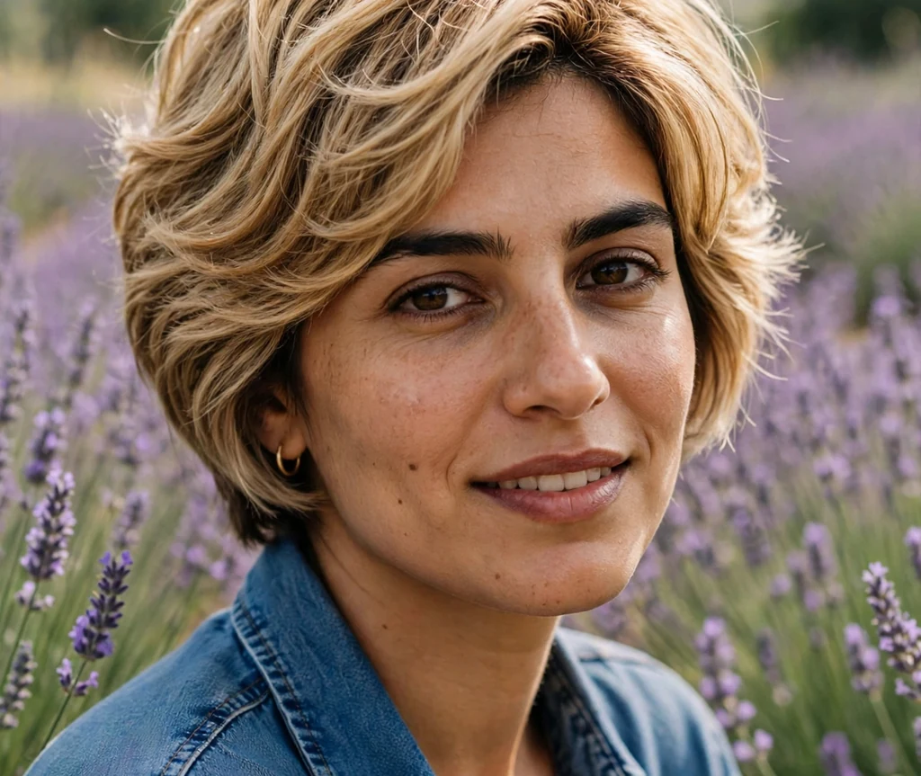 Woman with a honey blonde short stacked bob