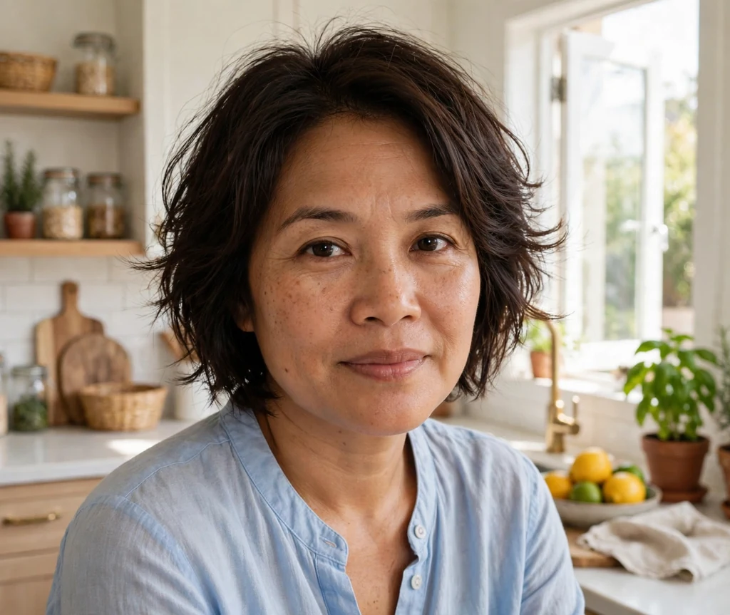 Woman with a wispy short stacked bob for fine hair