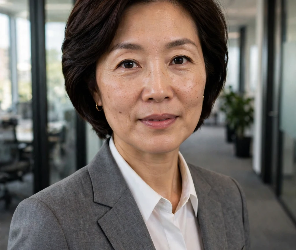 Woman with a polished office-ready short stacked bob