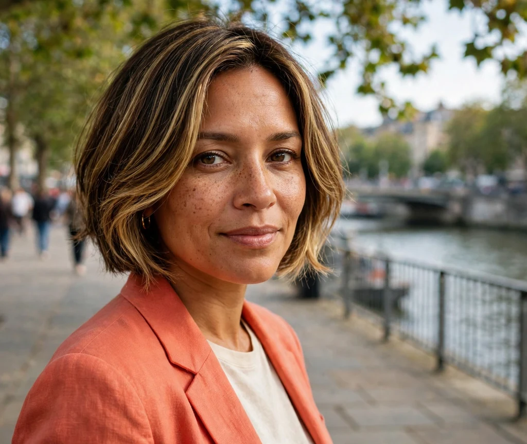 Woman with a short stacked bob and face-framing layers