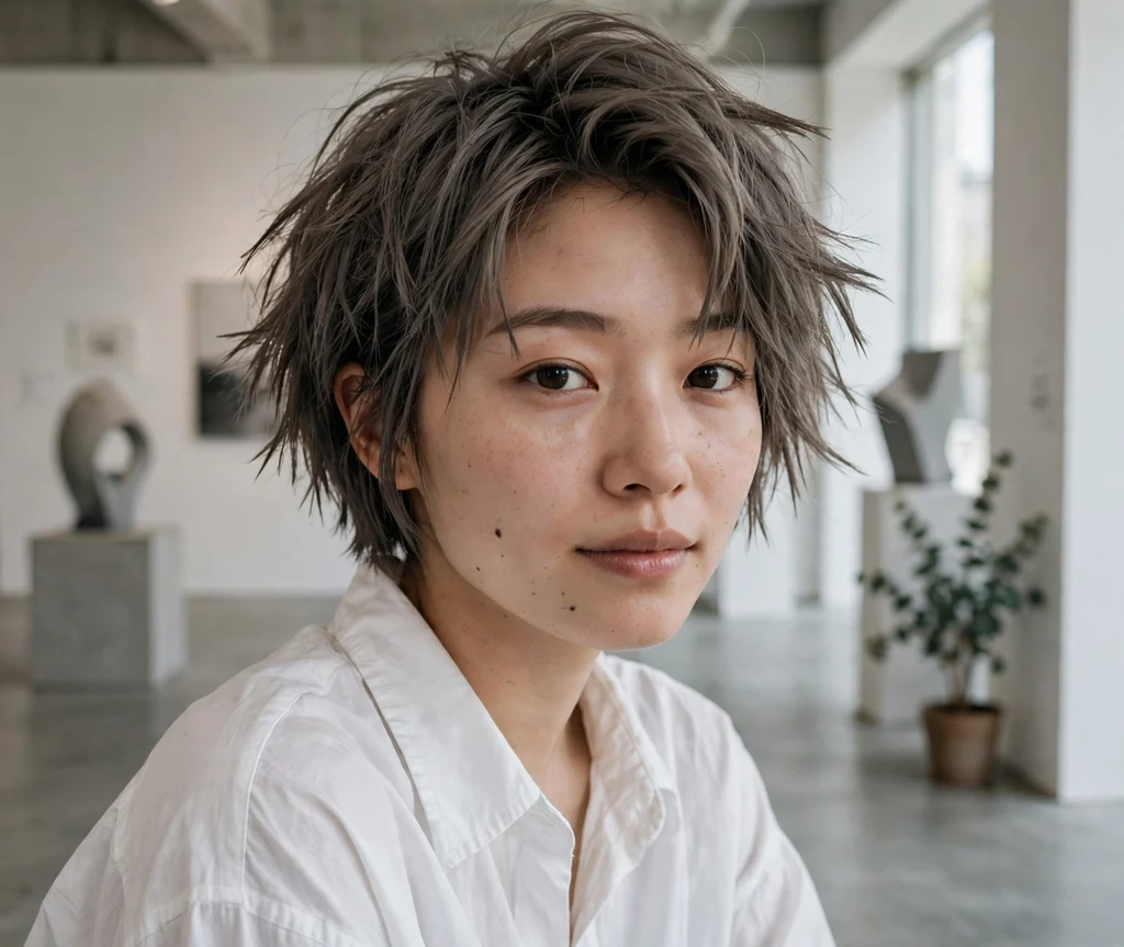Woman with a modern shattered short stacked bob