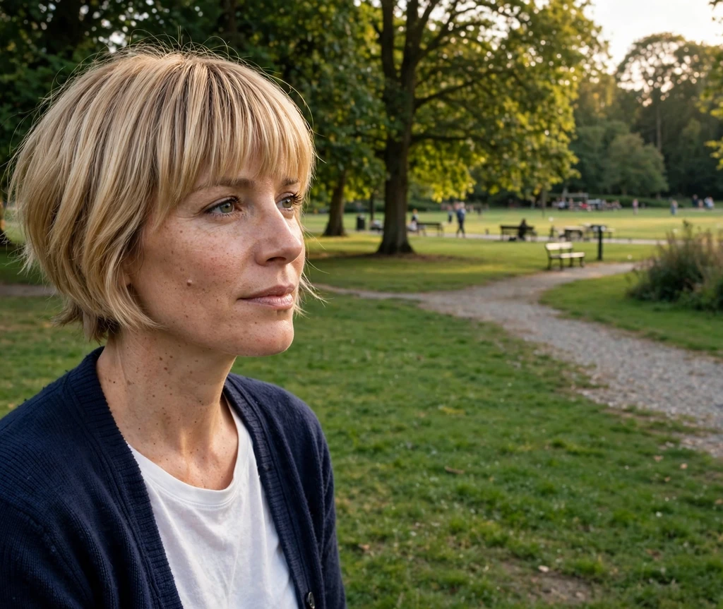 Short stacked bob with full straight bangs on honey blonde fine hair