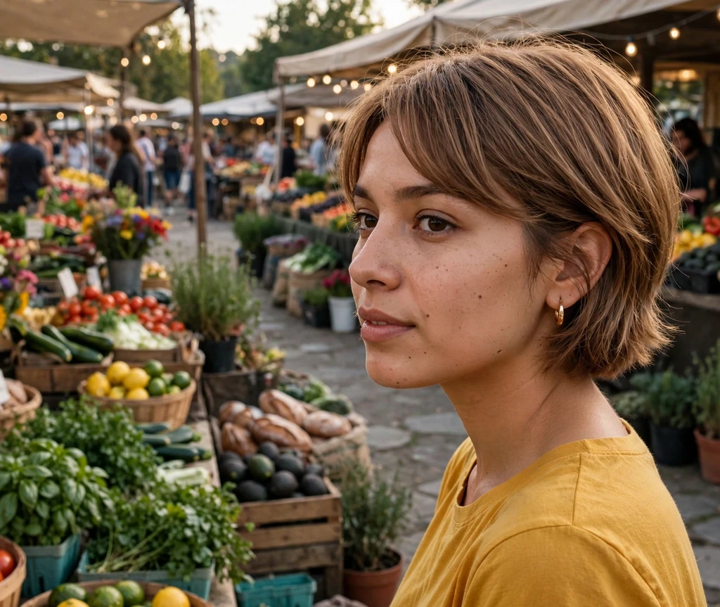 Short stacked bob with side-swept bangs on light brown fine hair