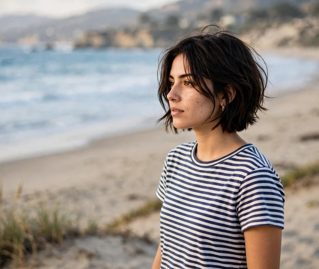 Short stacked bob with face-framing layers on dark brown fine hair