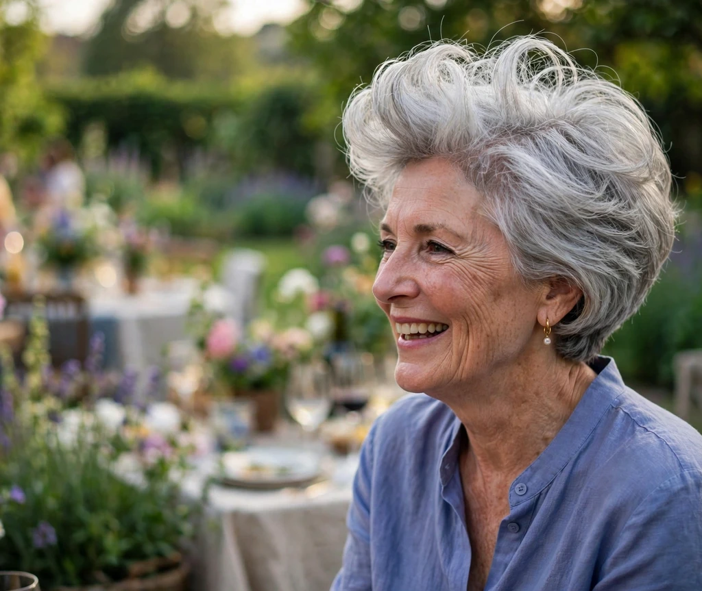 Short stacked bob with bouncy root-lift blowout on silver-grey fine hair