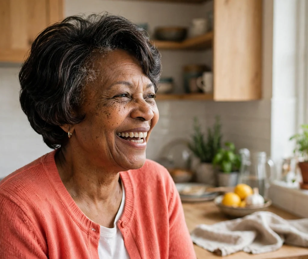 Classic textured stacked bob on dark hair with gray temples, cheerful Black woman in her early 60s, coral cardigan, bright kitchen