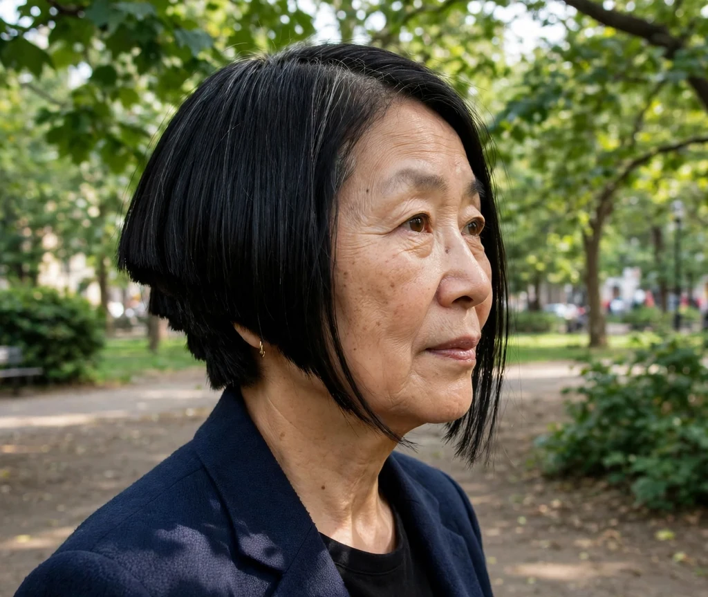 Inverted stacked bob on sleek black hair, East Asian woman in her mid 60s, navy blazer, city park