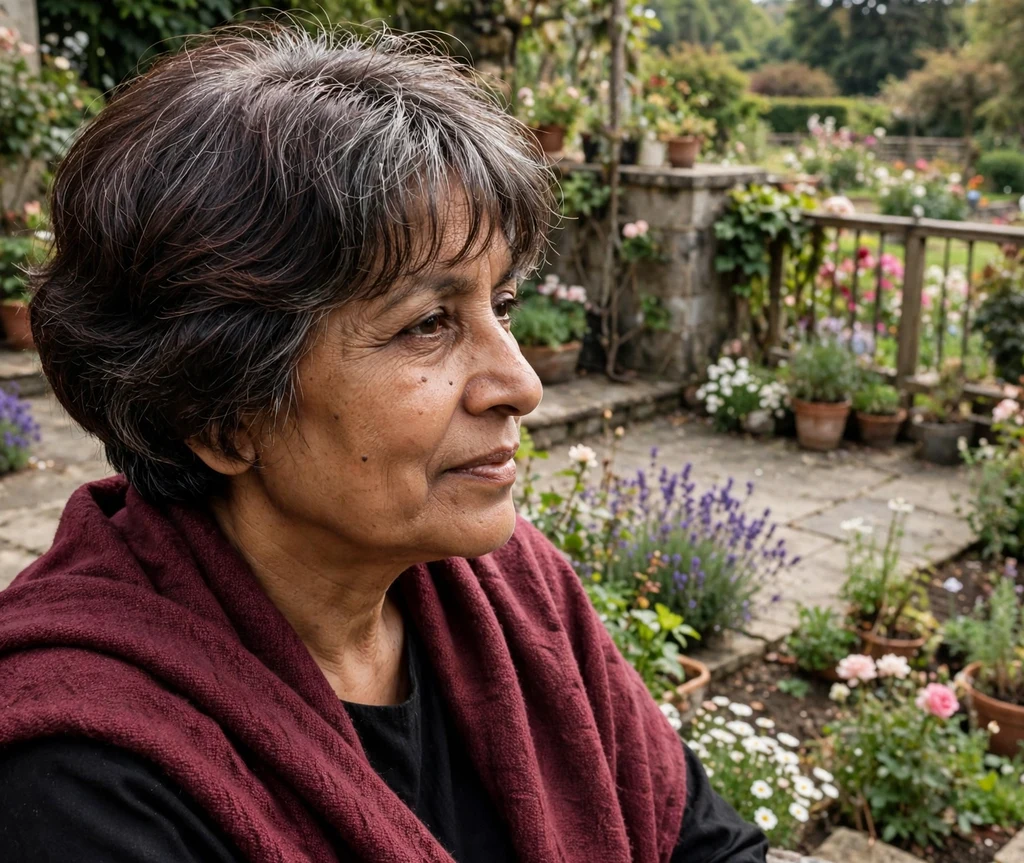 Stacked bob with wispy bangs, South Asian woman in her late 50s, maroon shawl, garden terrace