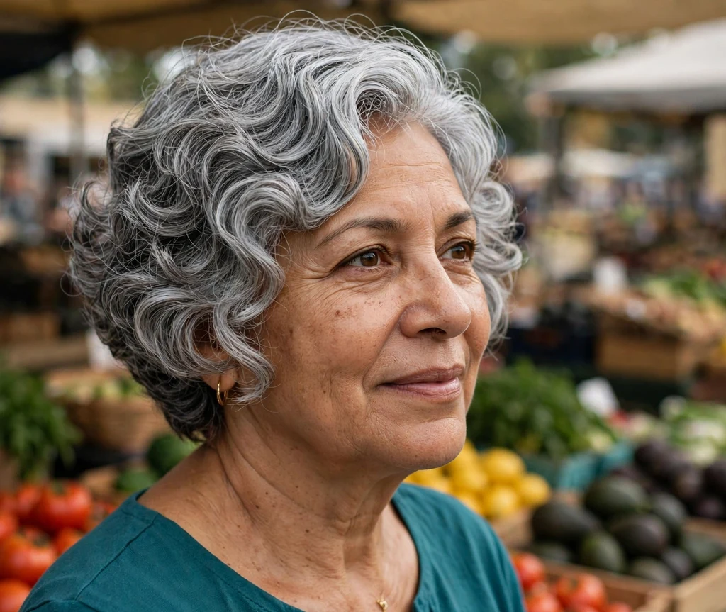 Curly stacked bob on silver-gray curls, Latina woman in her early 60s, teal top, farmers market
