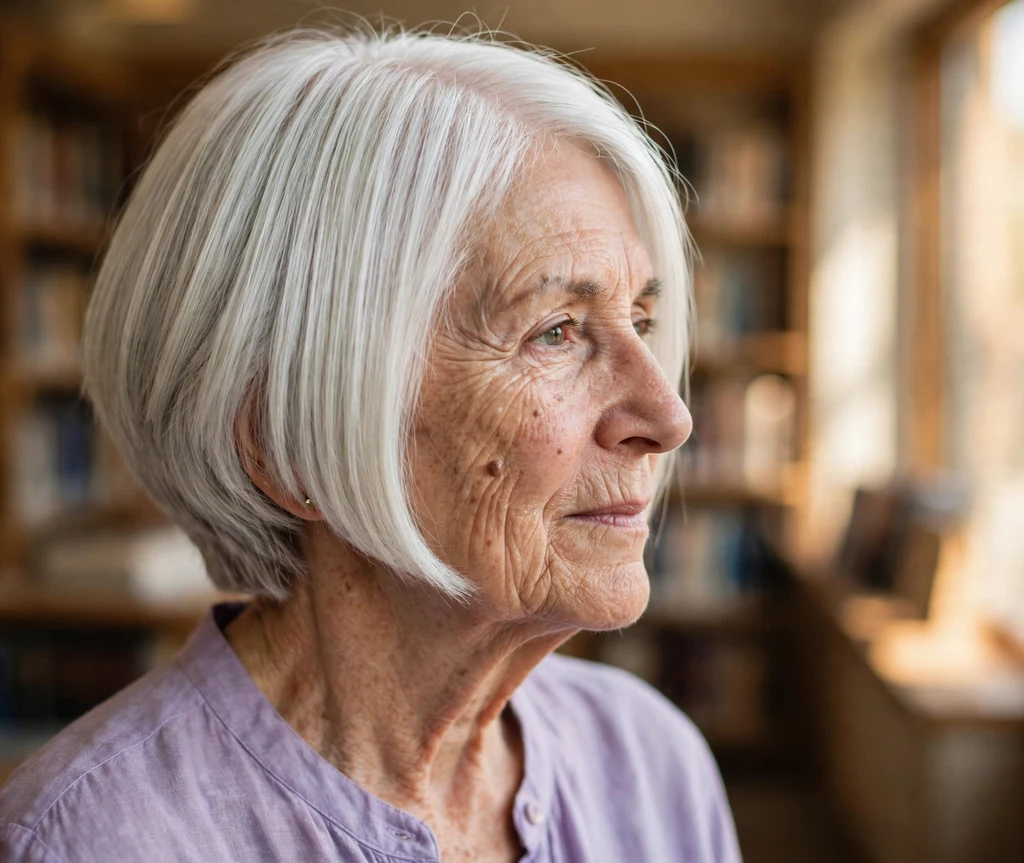 Sleek straight stacked bob on white hair, woman in her mid 70s, lavender blouse, library