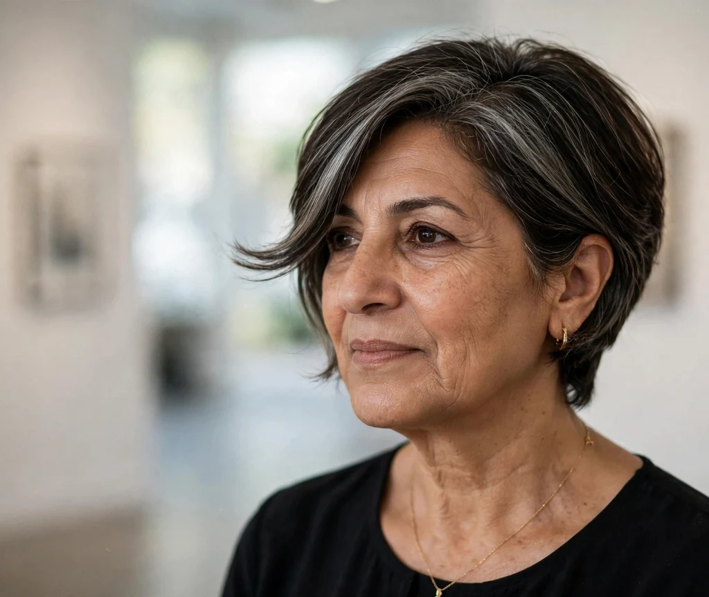 Stacked bob with side sweep on dark brown hair with gray streaks, Middle Eastern woman in her late 50s, black top with gold jewelry, art gallery