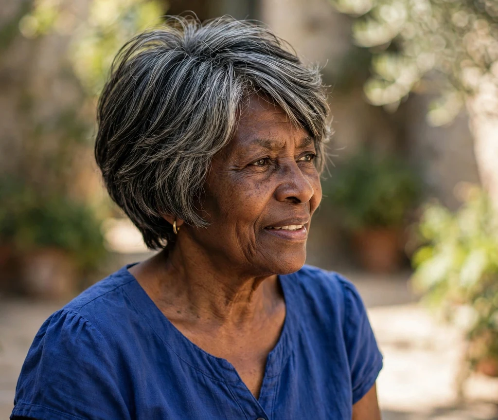 Feathered layered stacked bob on salt-and-pepper hair, Black woman in her late 60s, royal blue dress, sunlit courtyard