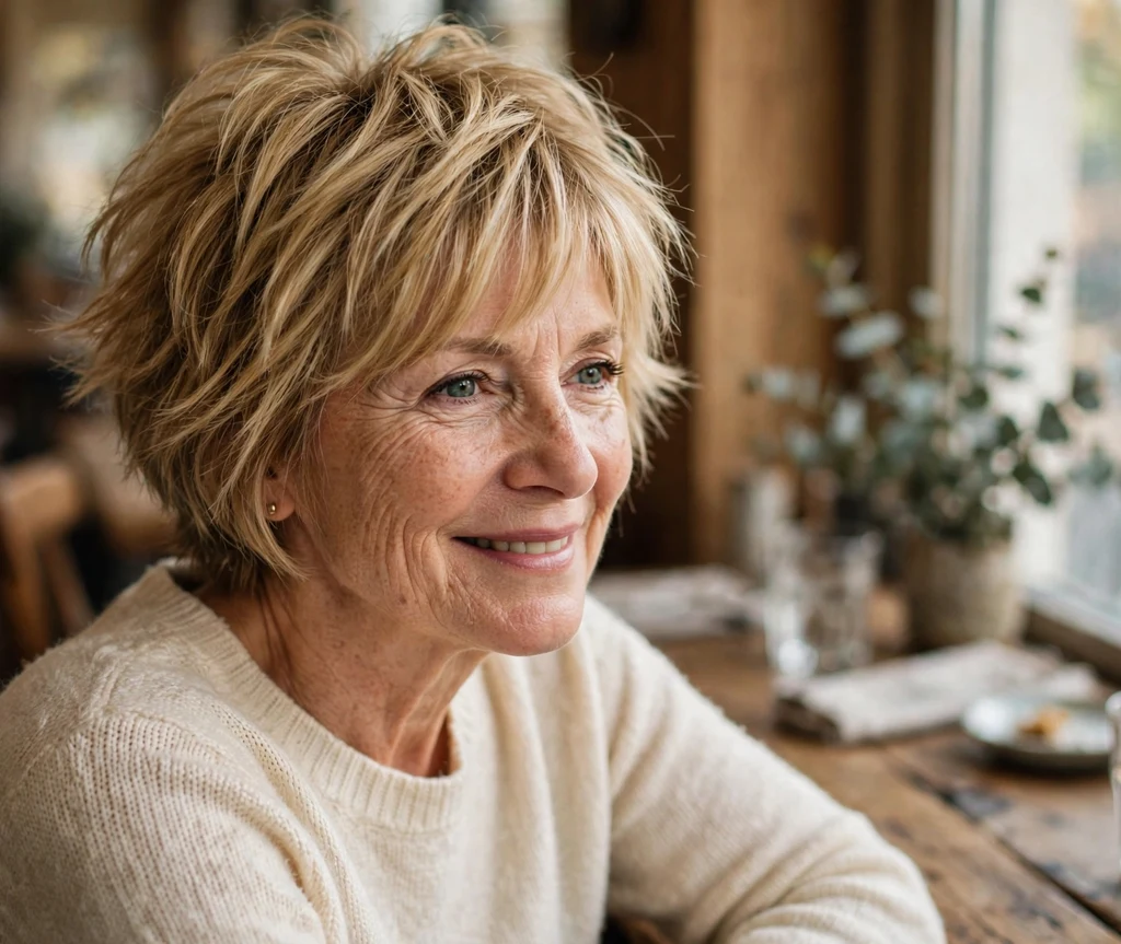 Textured choppy stacked bob on honey blonde hair, woman in her early 60s, cream sweater, cozy café