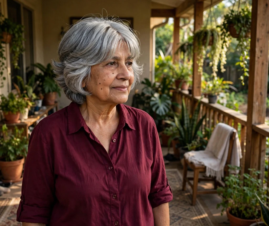 Stacked bob with curtain bangs on silver hair, South Asian woman in her early 70s, burgundy blouse, home veranda