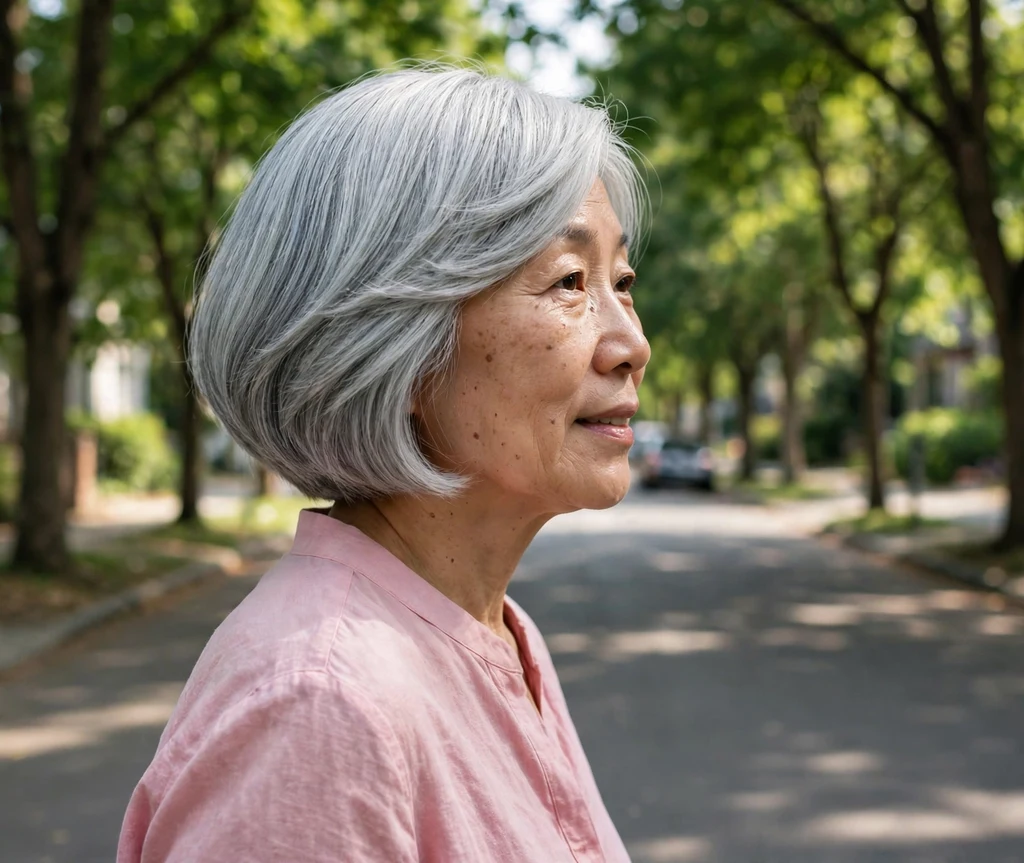 Polished silver-gray stacked bob, East Asian woman in her late 50s, pink blouse, tree-lined street