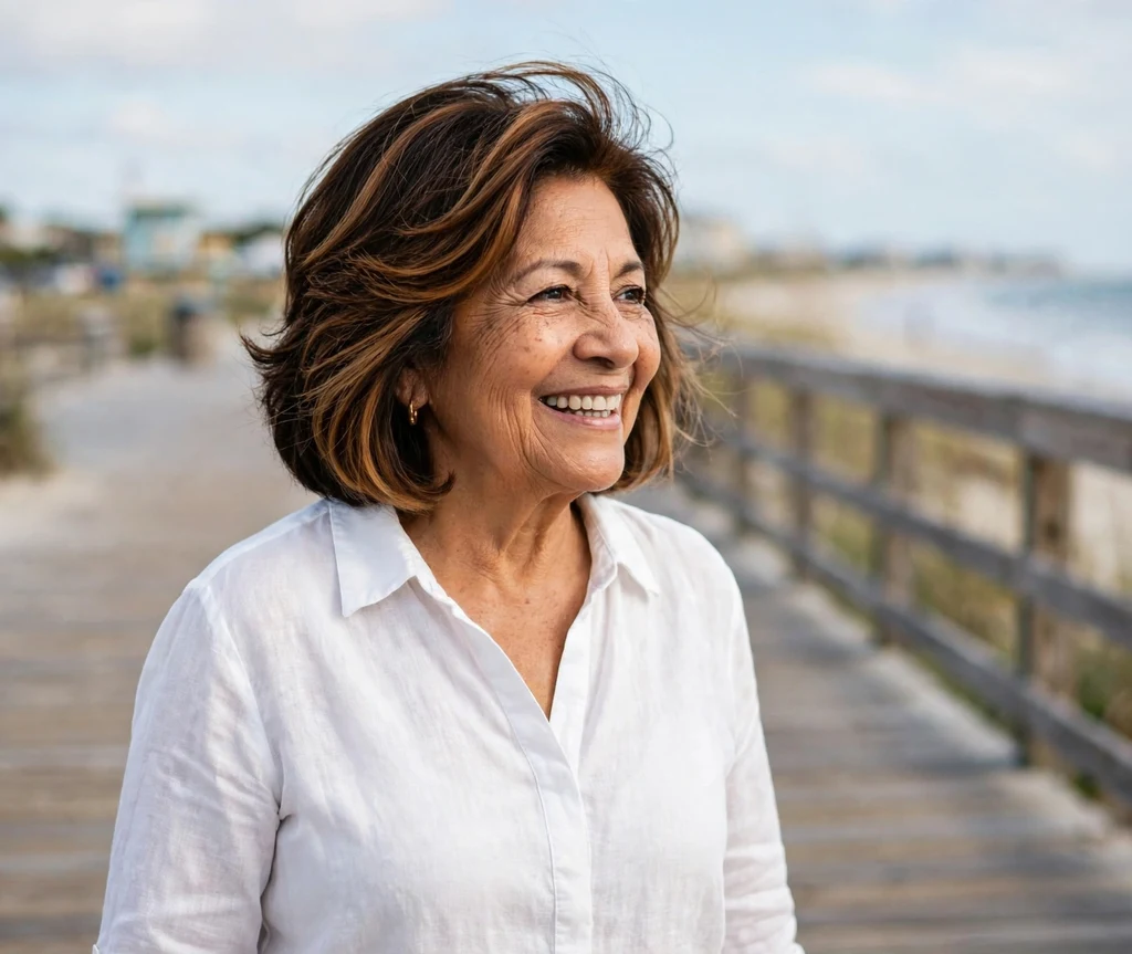 Stacked bob with caramel highlights on dark hair, Latina woman in her mid 60s, white blouse, beach boardwalk