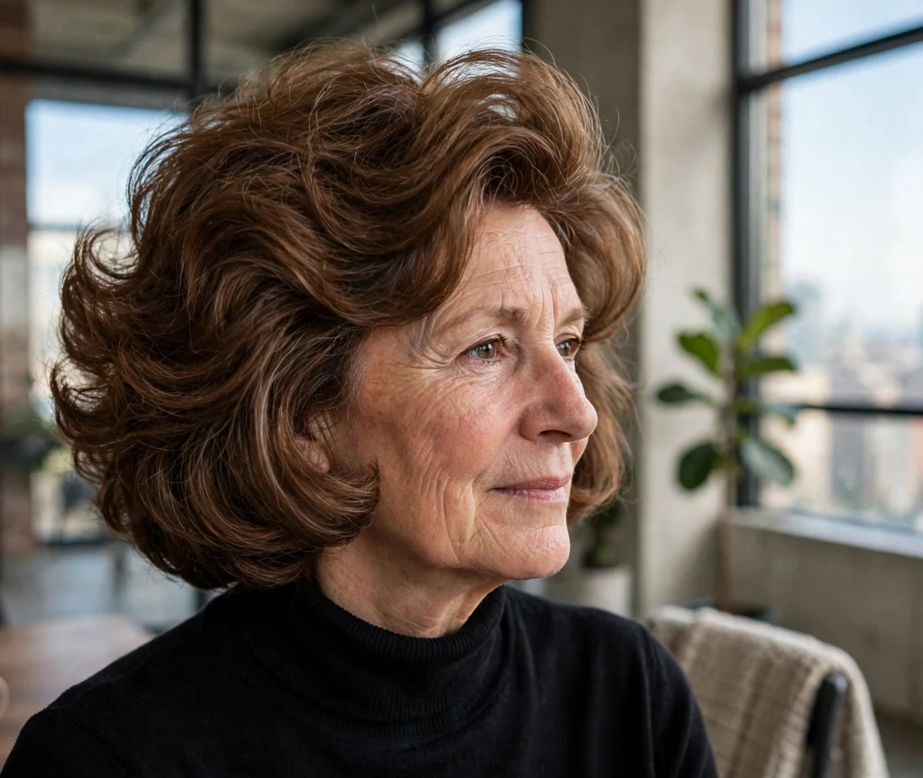 Voluminous blowout stacked bob on chestnut brown hair, woman in her mid 60s, black turtleneck, modern loft