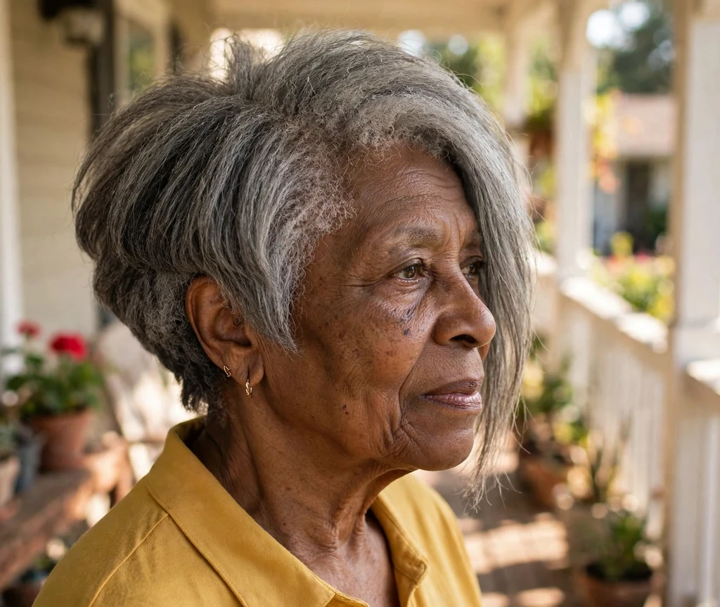 Asymmetrical stacked bob on natural gray hair, Black woman in her mid 70s, mustard yellow top, sunny porch