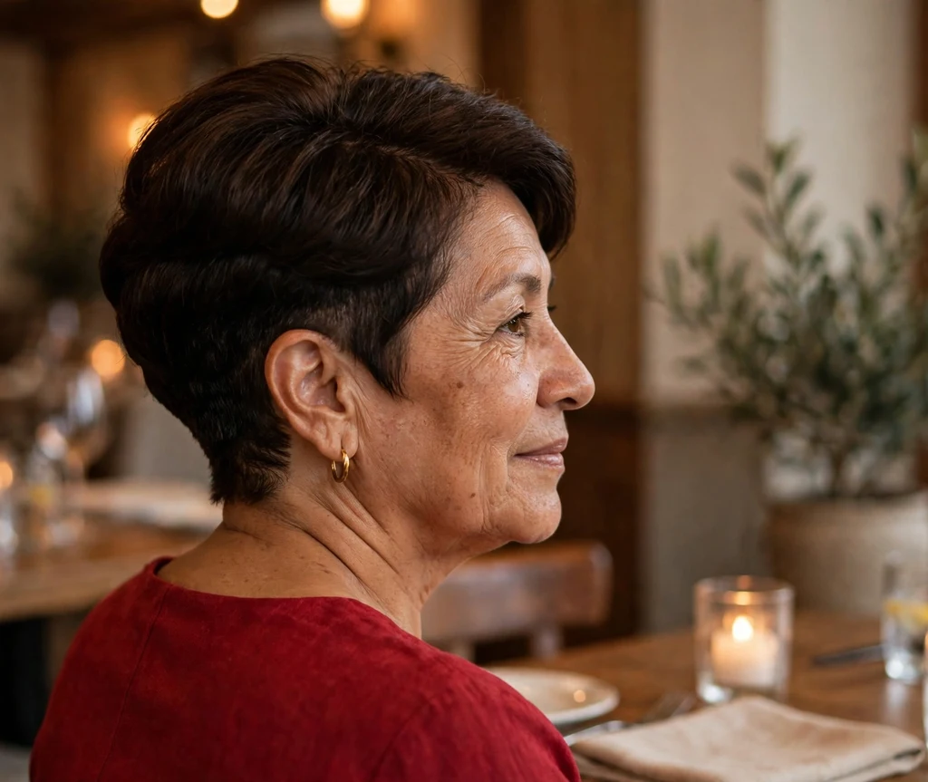 Stacked bob with tapered nape on dark brown hair, Latina woman in her late 50s, red dress, restaurant