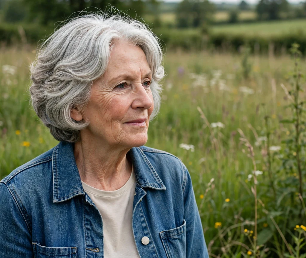 Wavy stacked bob on silver hair, woman in her early 70s, denim jacket, countryside meadow