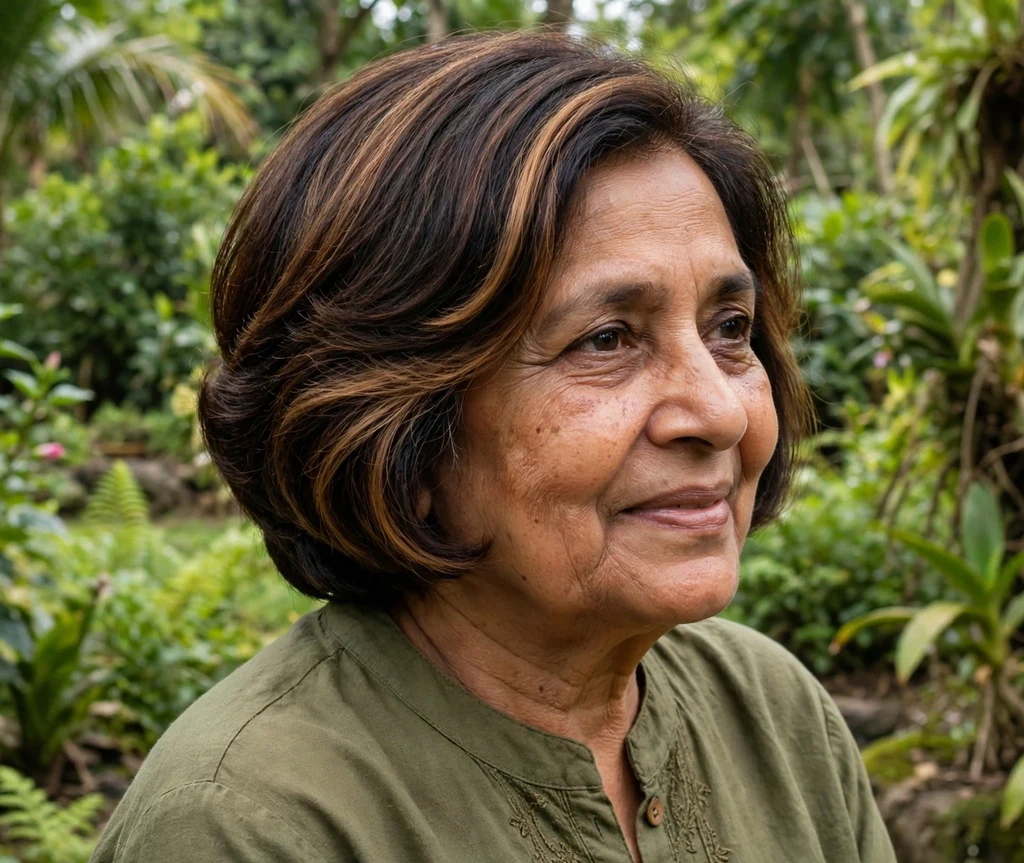 Rounded stacked bob on dark hair with caramel pieces, South Asian woman in her mid 60s, olive green kurta, botanical garden