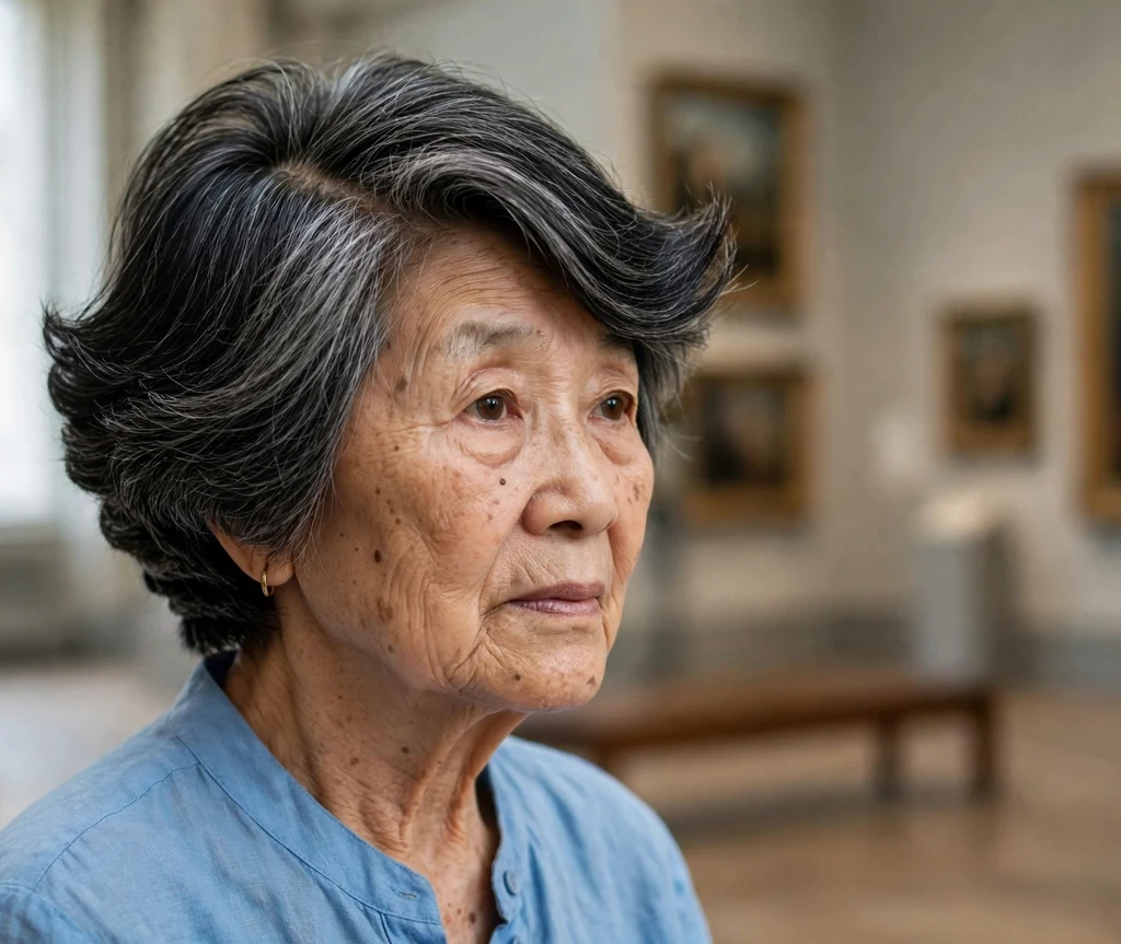 Stacked bob with deep side part on black hair with gray, East Asian woman in her early 70s, sky blue top, museum gallery
