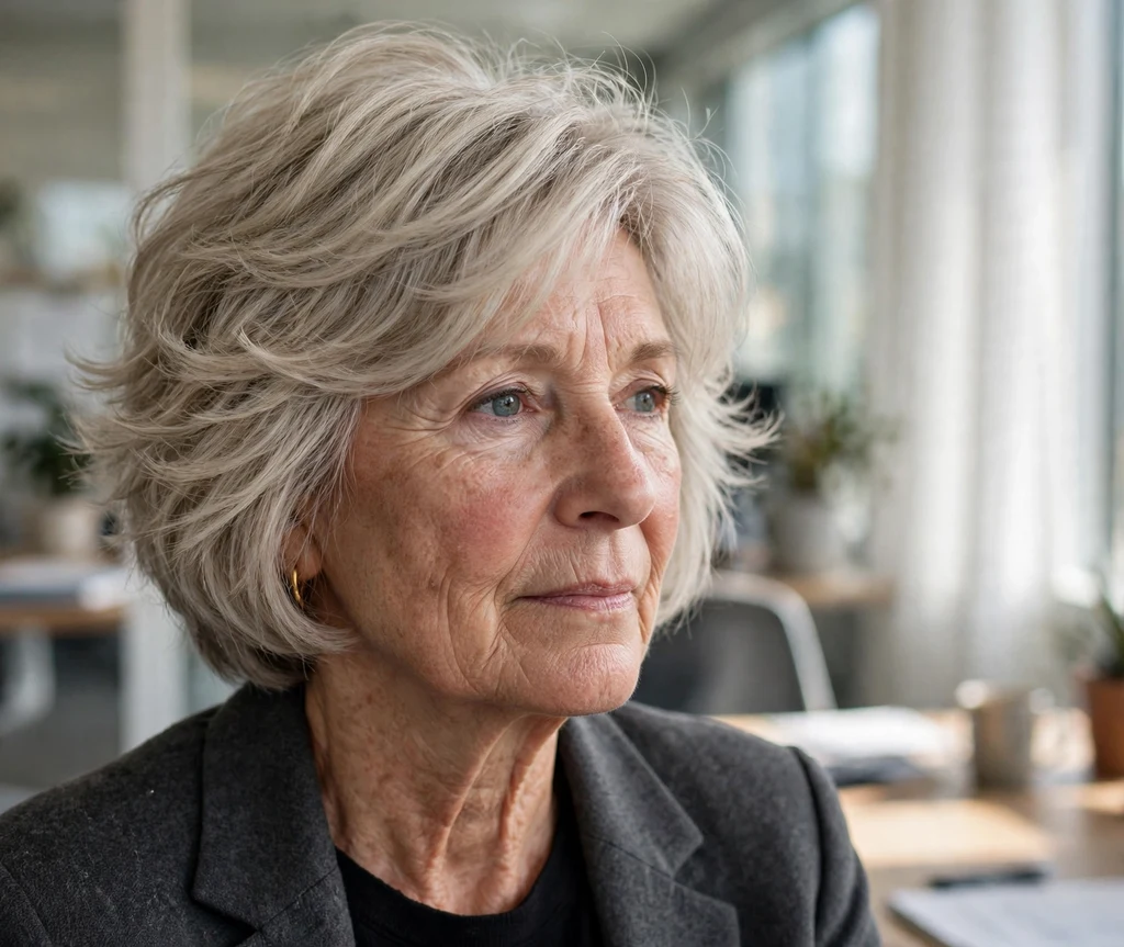 Feathered stacked bob on ash blonde hair, woman in her late 60s, charcoal blazer, bright office