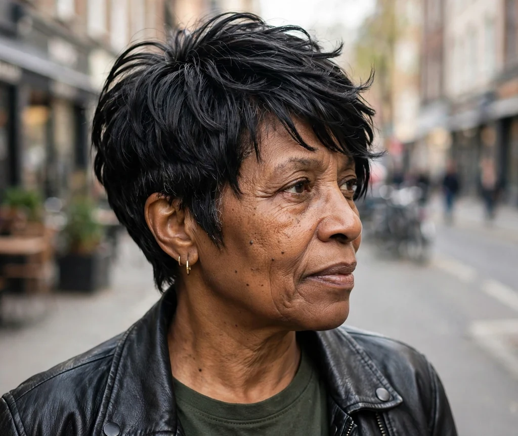 Stacked pixie bob on jet black hair, Black woman in her late 50s, leather jacket, city street