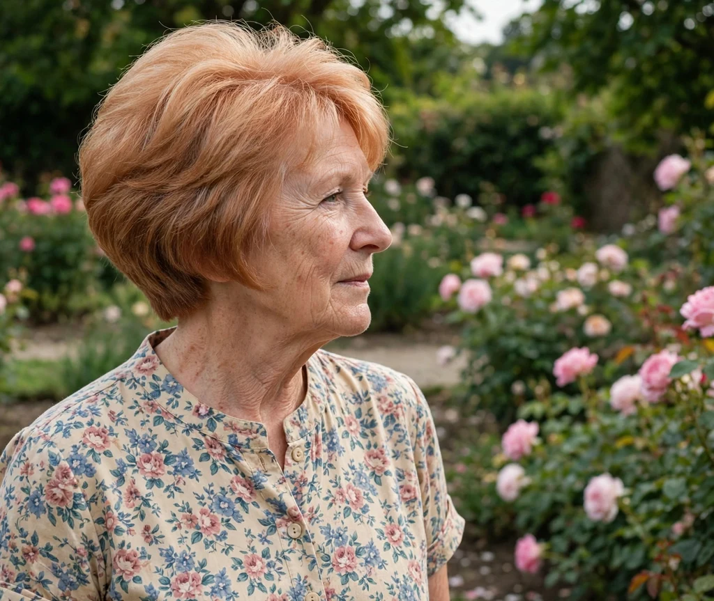 Blunt-edge stacked bob on strawberry blonde hair, woman in her mid 60s, floral dress, rose garden