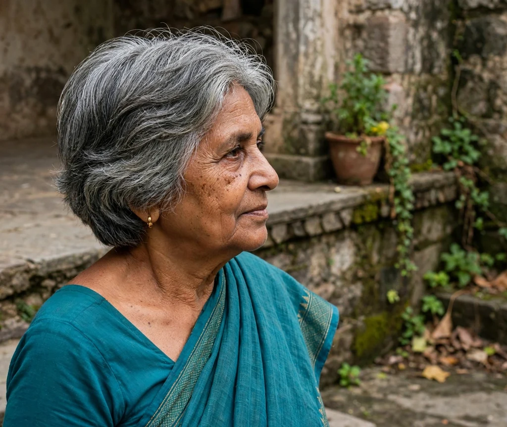Salt-and-pepper stacked bob, South Asian woman in her late 60s, teal sari, stone courtyard