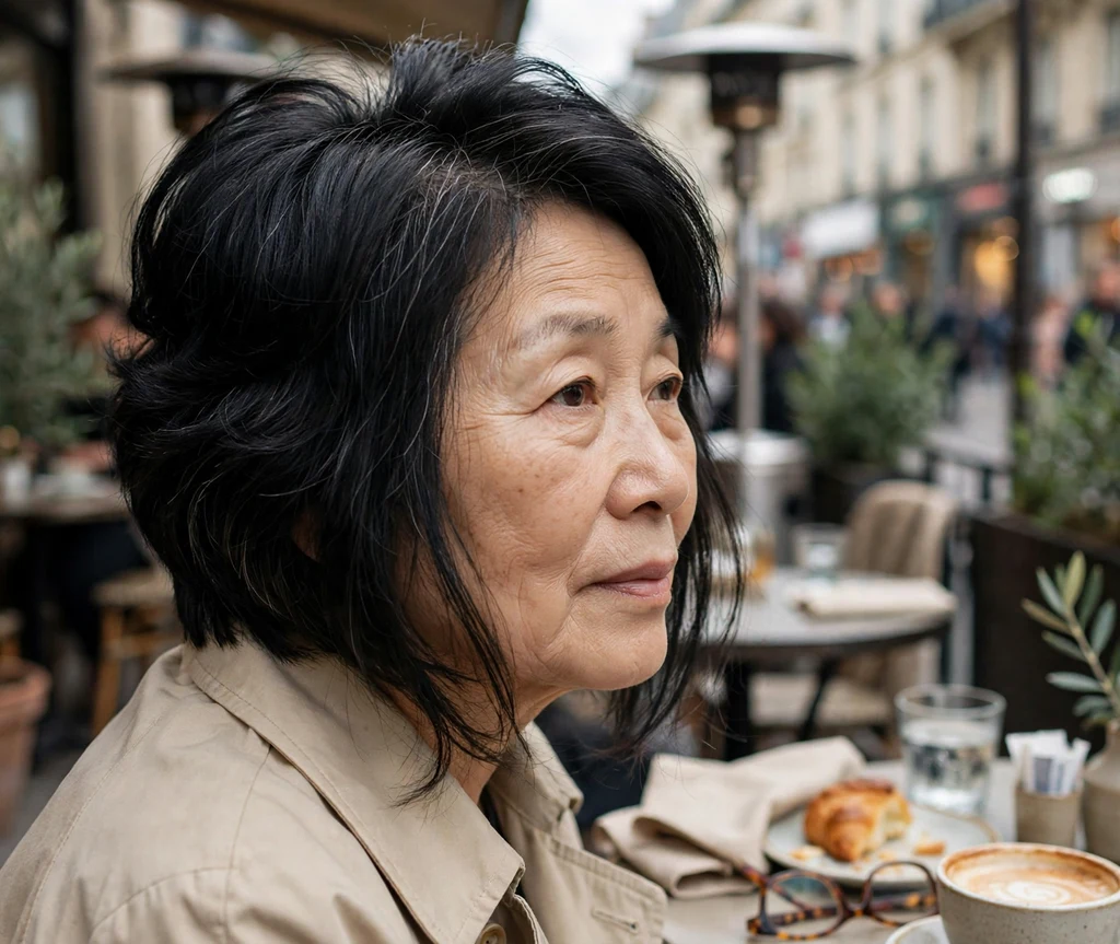 Stacked bob with face-framing layers on black hair, East Asian woman in her early 60s, beige trench coat, city café terrace