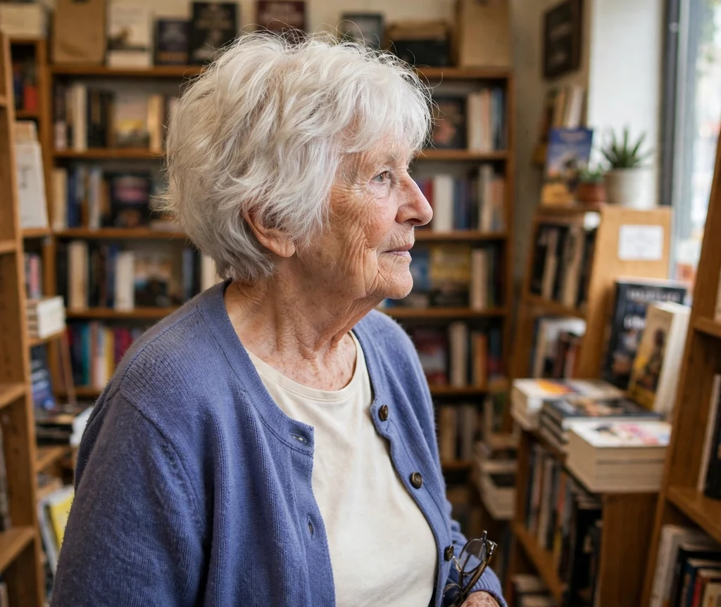 Tousled stacked bob on white hair, woman in her late 70s, periwinkle cardigan, bookstore