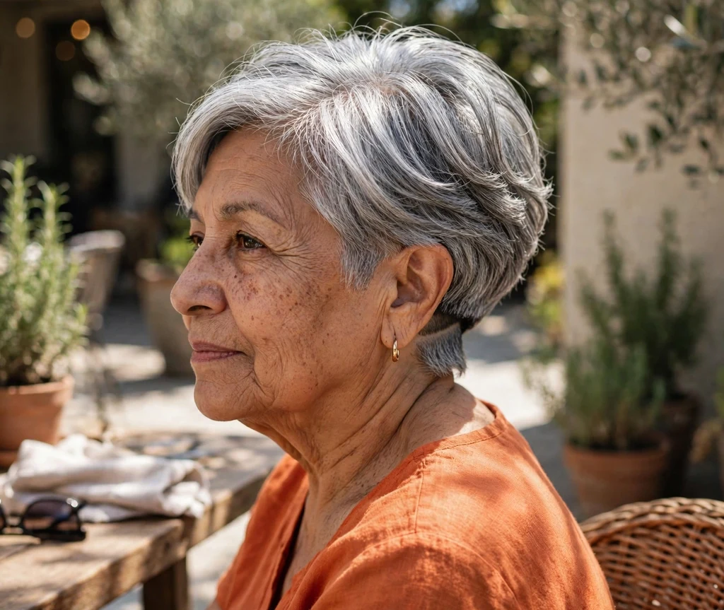 Stacked bob with nape undercut on silver hair, Latina woman in her early 70s, orange top, sunny patio