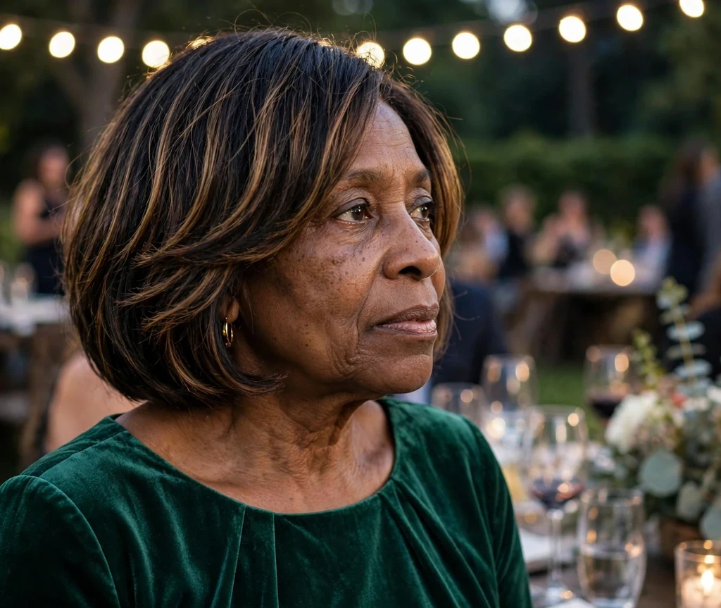 Chin-length stacked bob on dark hair with caramel balayage, Black woman in her early 60s, emerald dress, evening event
